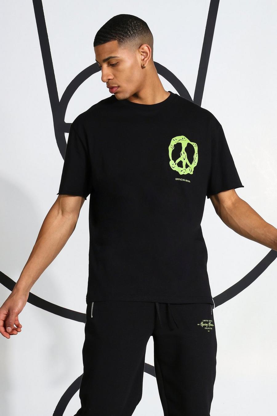 Neonfarbenes T-Shirt mit Peace-Symbol, Schwarz image number 1