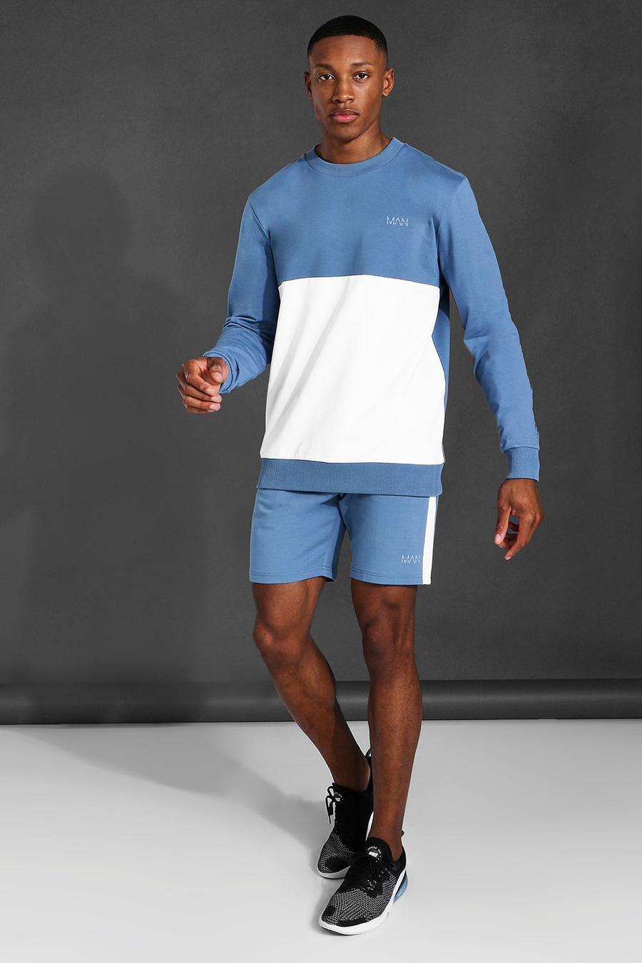Dusty blue MAN Active Sweatshirt och shorts med blockfärger image number 1