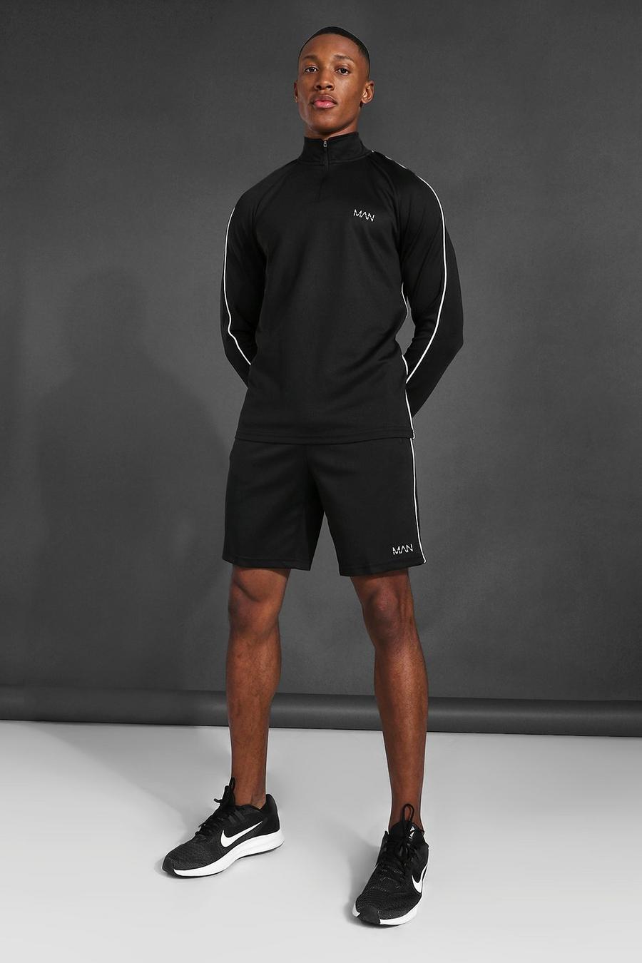 Black Man Active Piping Detail Funnel Neck And Short Set image number 1