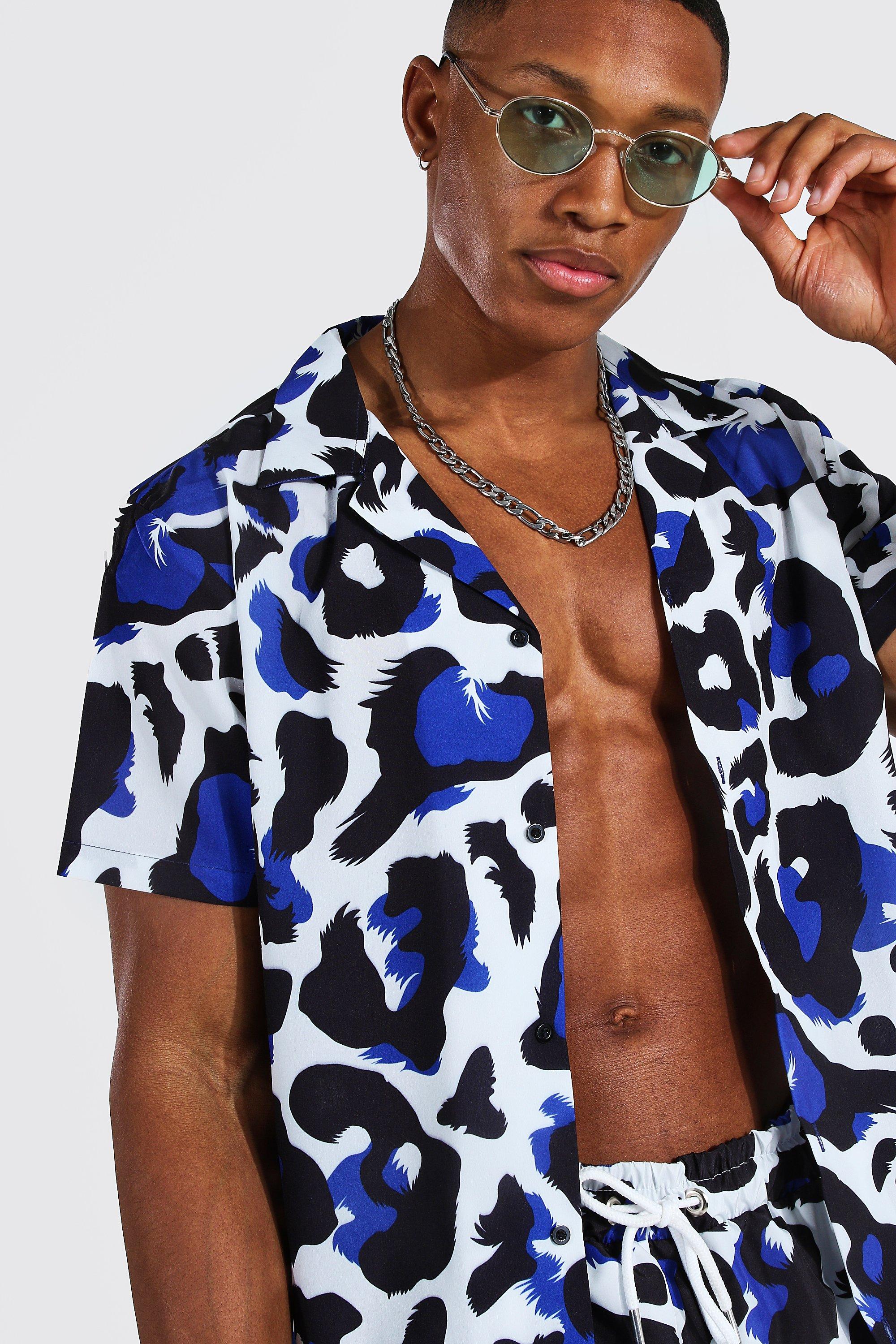 Men's Short Sleeve Revere Leopard Shirt And Swim