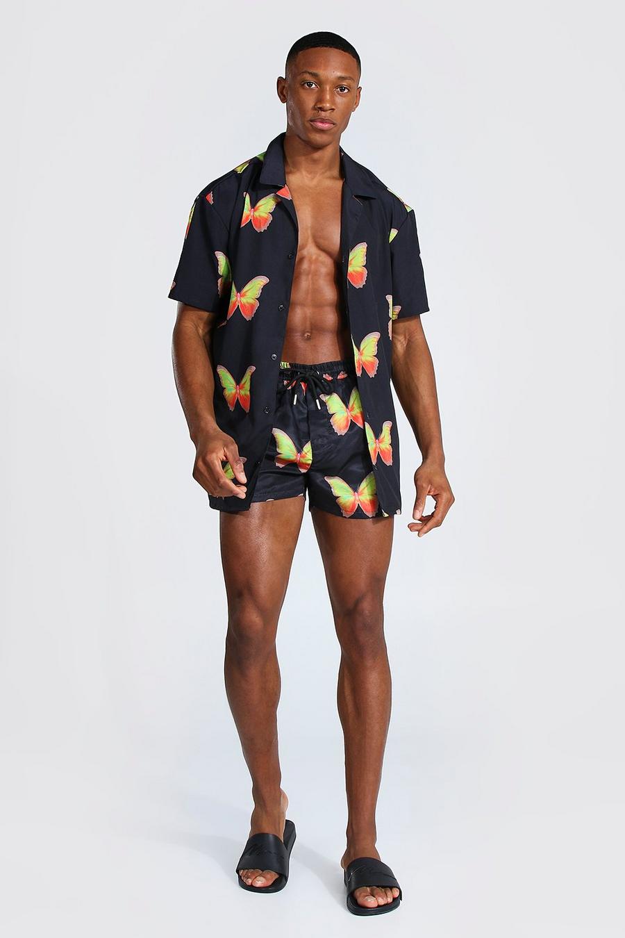 Übergroßes Shirt mit Reverskragen und Schwimmhosen mit Schmetterlings-Print, Schwarz image number 1