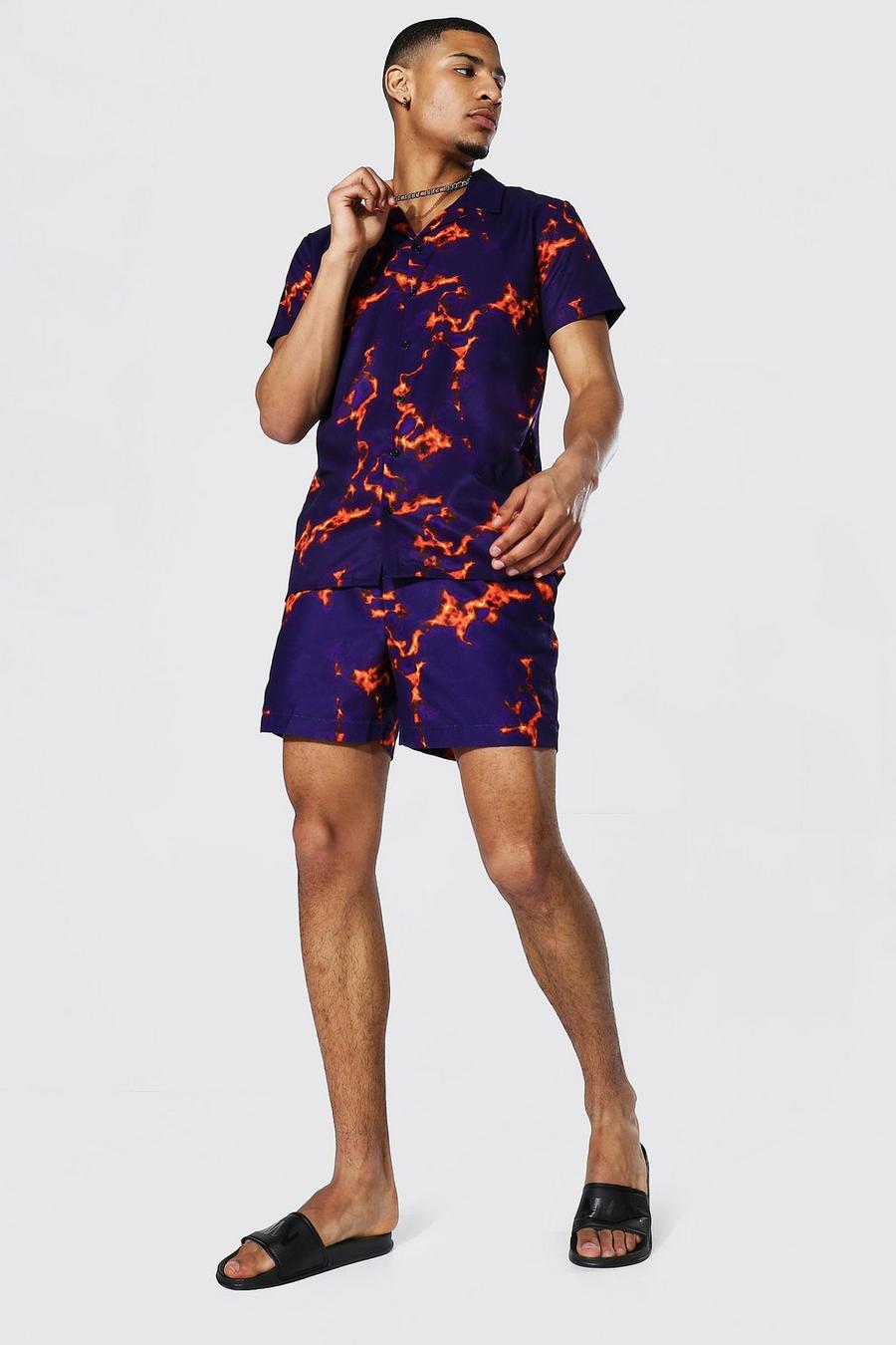 Kurzärmliges Shirt mit Reverskragen und Schwimmhosen mit Blitz-Print, Violett image number 1