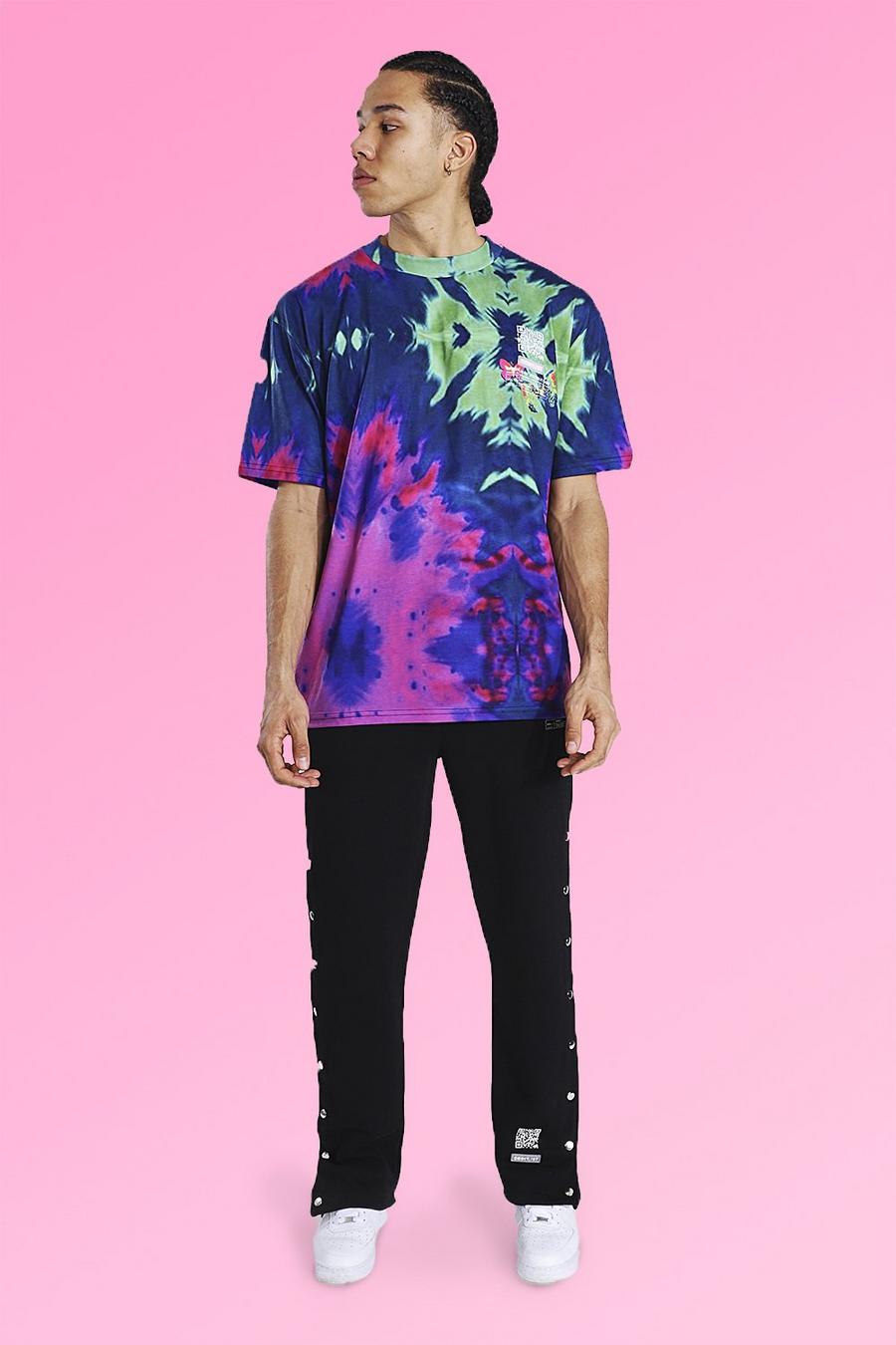Tall Übergroßes Set mit T-Shirt in Batik-Optik und Jogginghosen mit Druckknöpfen, Mehrfarbig image number 1