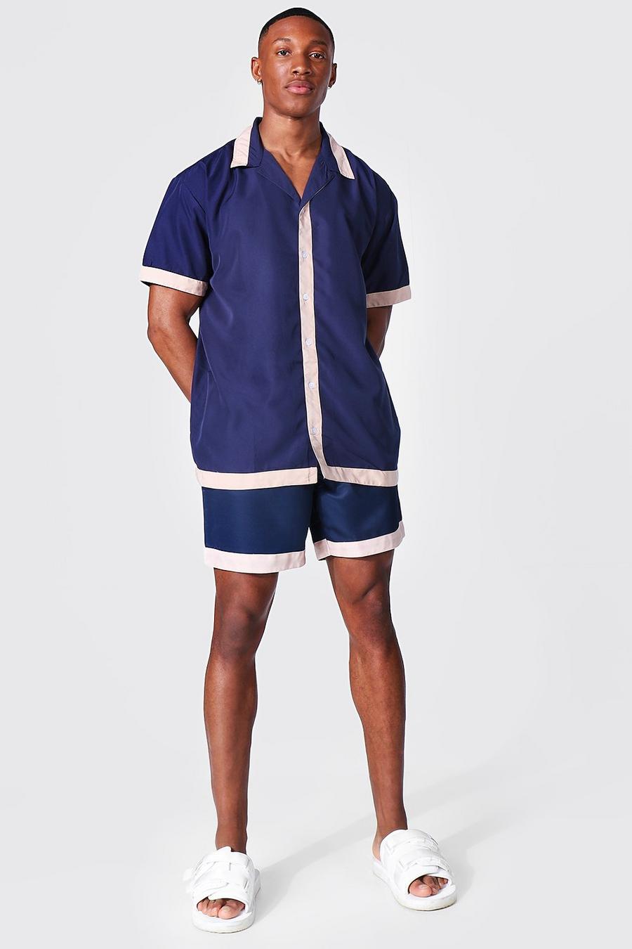 Navy Oversize skjorta med bowlingkrage och badshorts image number 1
