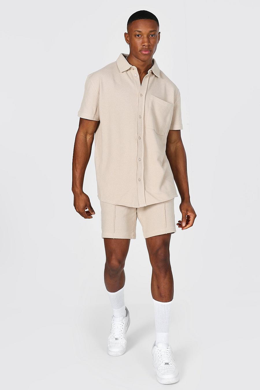 Kurzärmliges Piqué-Shirt mit Reverskragen und Shorts, Steingrau image number 1