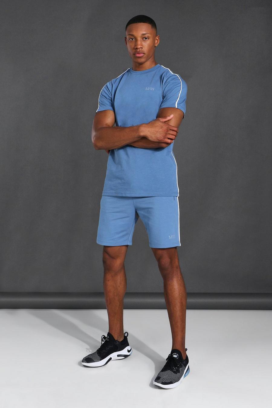 Dusty blue Man Active T-Shirt En Shorts Set Met Biezen image number 1