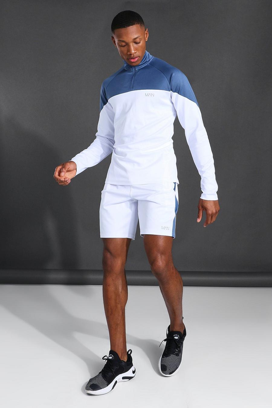 Conjunto de pantalones cortos con cuello alzado y cremallera 1⁄4 con bloques de color Active Man, Azul antiguo image number 1