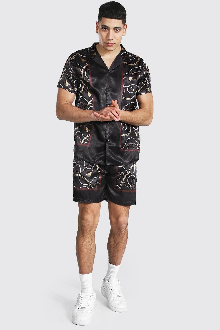 Chocolate Mönstrad satinskjorta med bowlingkrage och shorts image number 1