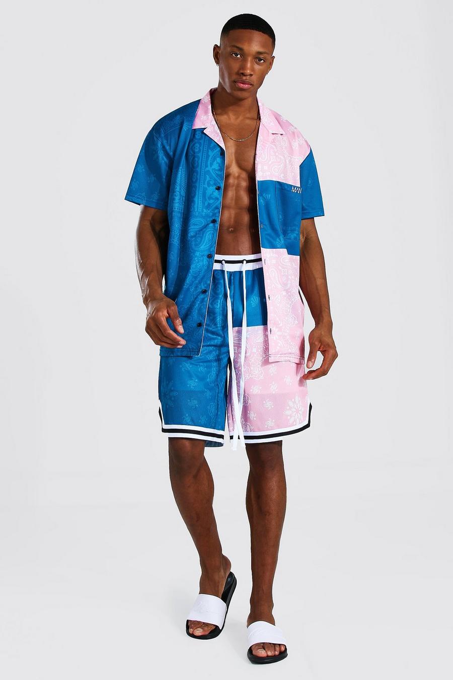 Teal Oversize skjorta och shorts i airtex med bandanamönster image number 1
