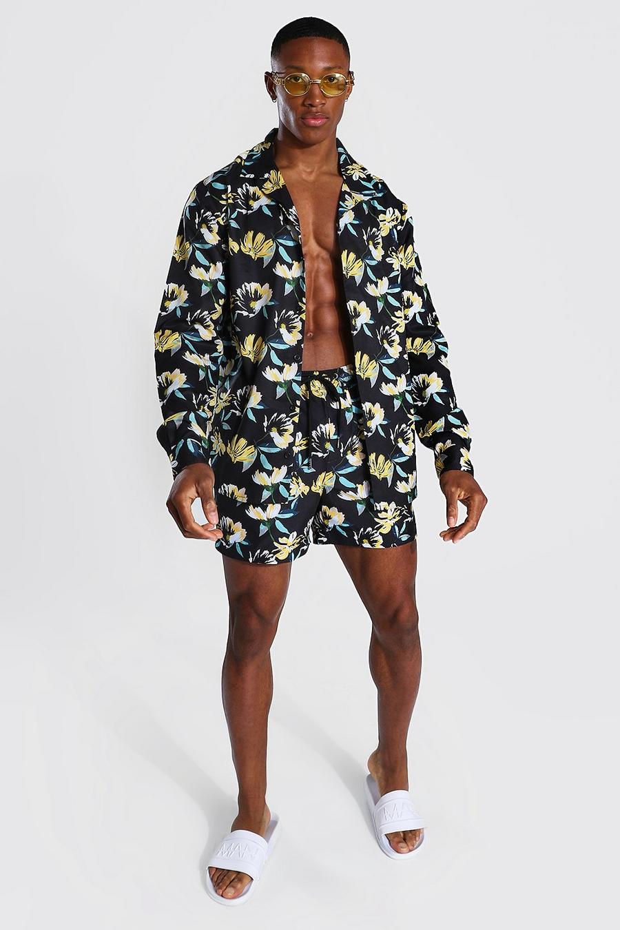 Yellow Long Sleeve Revere Floral Shirt And Swim image number 1