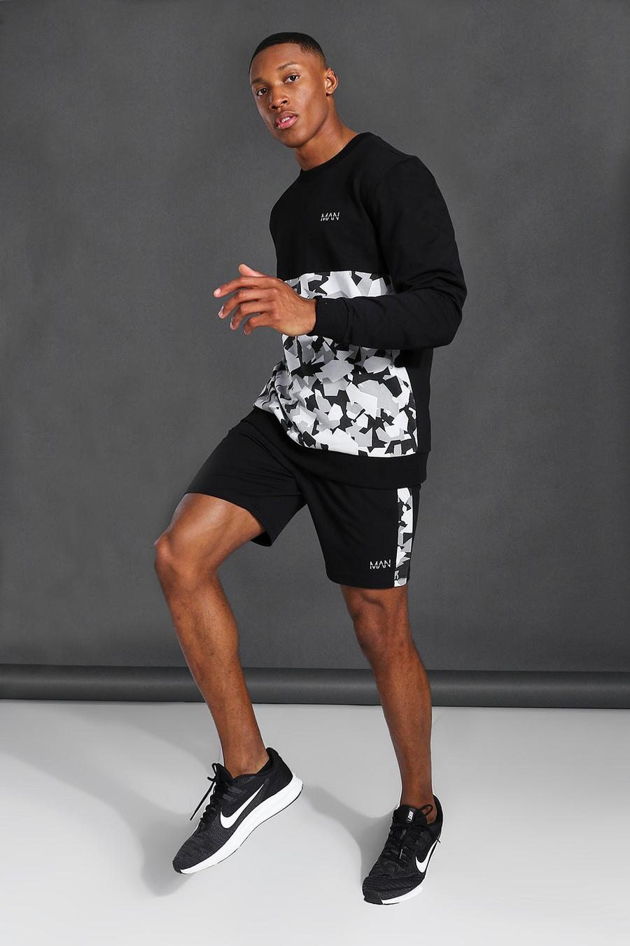 Black MAN Active Sweatshirt och shorts med blockfärger image number 1