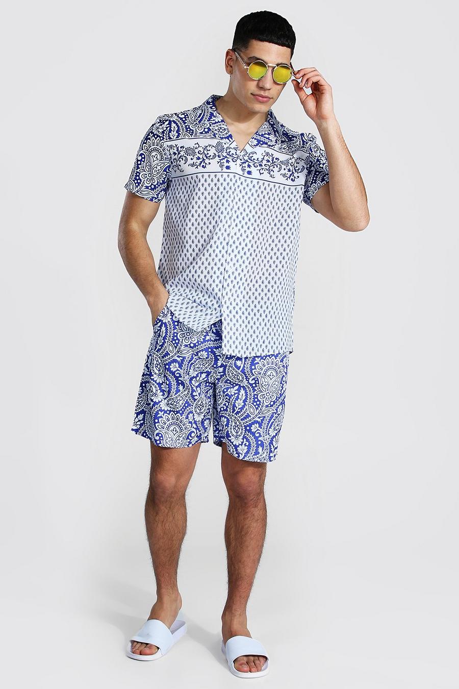 Men's Short Sleeve Revere Paisley Shirt And Swim | boohoo