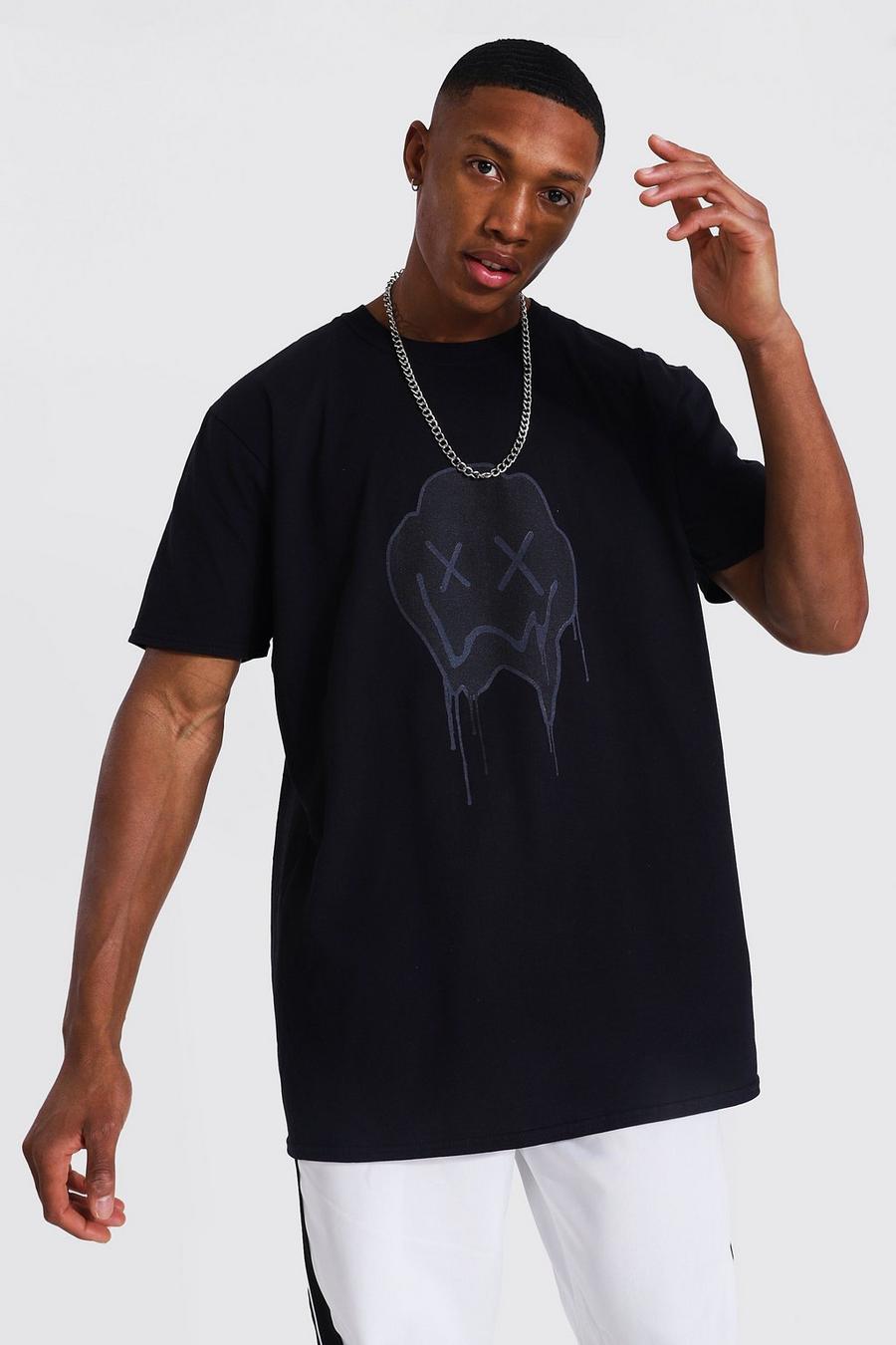 T-Shirt mit einfarbigem Drip Face-Print in Übergröße, Schwarz image number 1