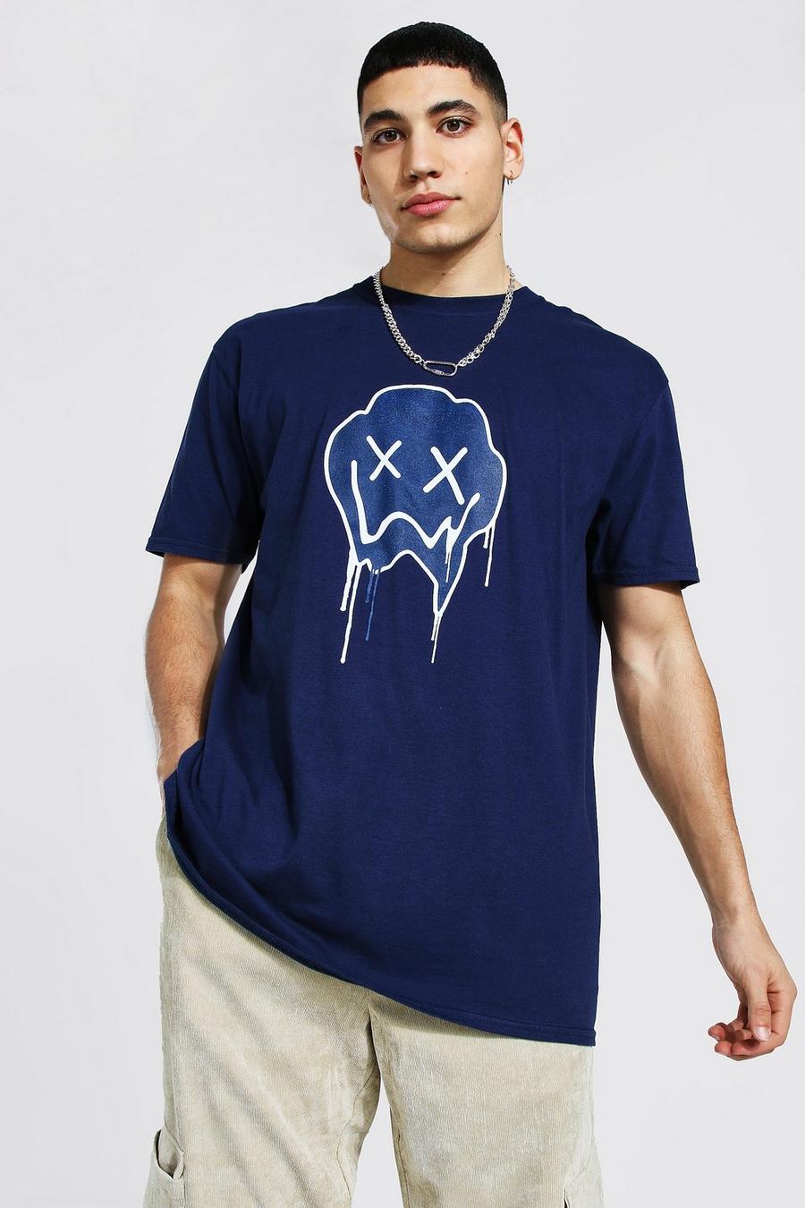 T-Shirt mit einfarbigem Drip Face-Print in Übergröße, Marineblau image number 1