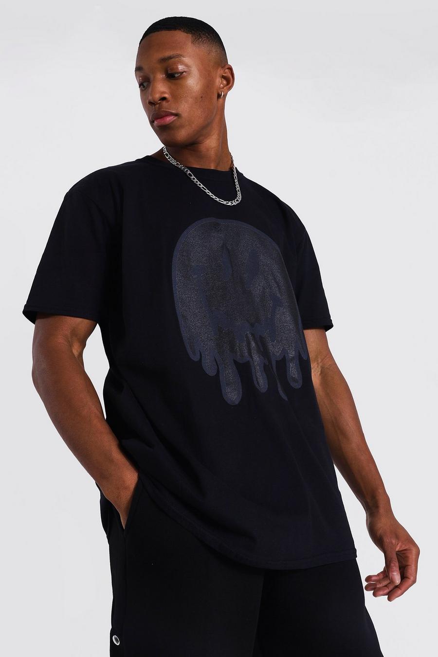 Camiseta ancha con estampado de cara goteante tonal, Negro image number 1