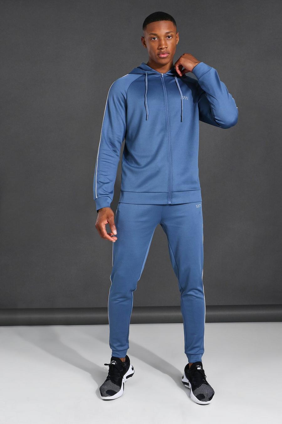 Dusty blue Man Active Piping Detail Zip Through Hoodie T image number 1