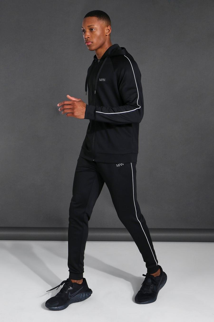 Black MAN Active Träningsoverall med hoodie, dragkedja och kantband image number 1