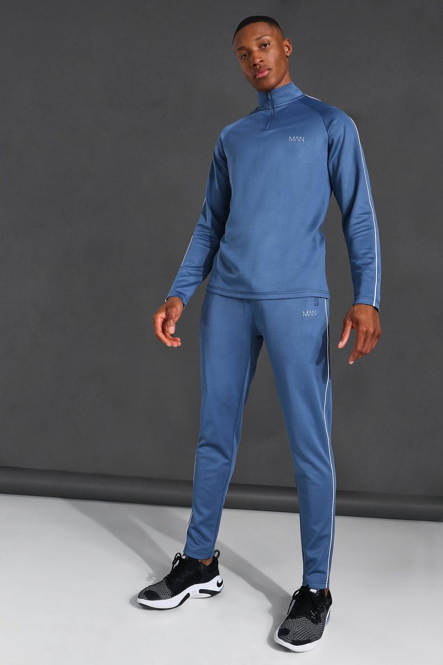 Dusty blue Man Active Piping Detail Funnel NeckTracksuit image number 1