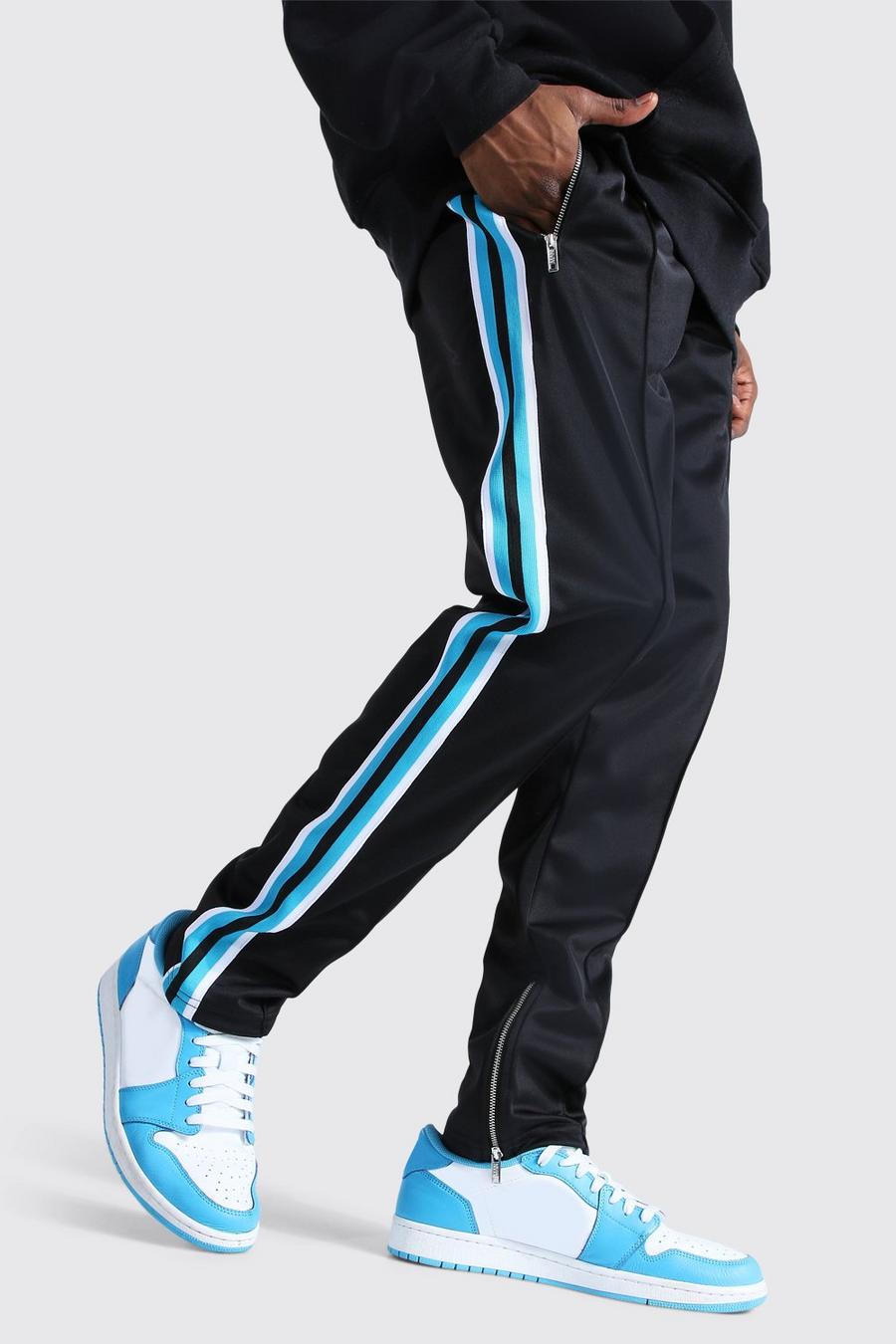 Pantaloni tuta slim fit in tricot con bande laterali e nervature, Azzurro image number 1