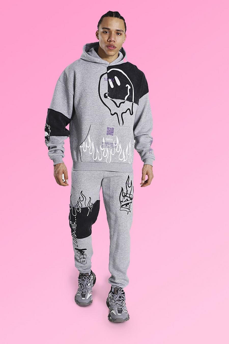 Grey marl Tall Oversized Graffiti Trainingspak Met Patches image number 1