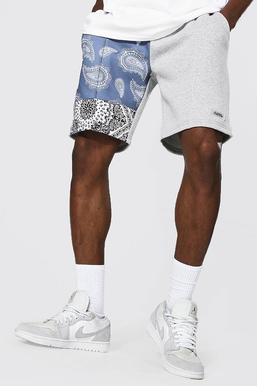 Grey Regular Man Bandana Spliced Jersey Shorts image number 1