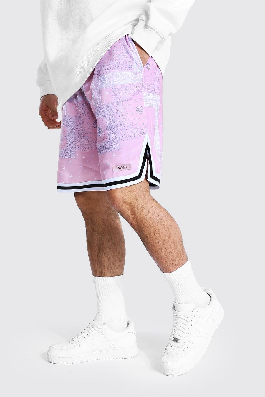 Pantalón corto holgado de baloncesto y tela jersey con estampado bandana, Pink image number 1