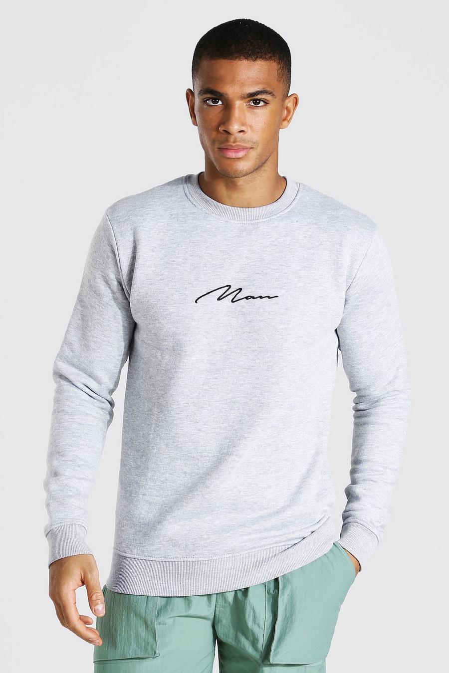 Slim Fit Sweatshirt mit Rundhalsausschnitt und Man-Schriftzug, Grau meliert image number 1