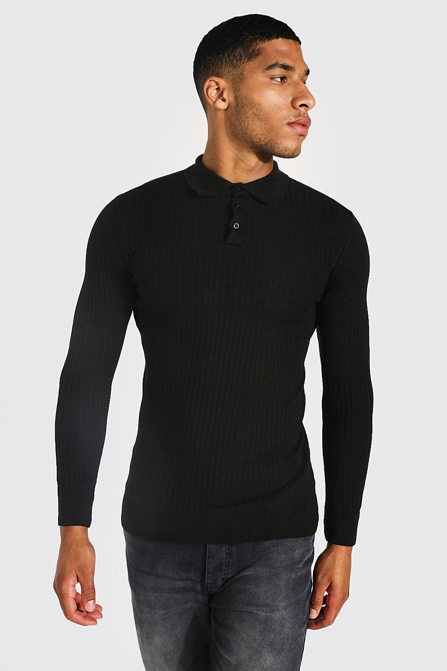 Black Tall Long Sleeve Muscle Fit Ribbed Polo image number 1