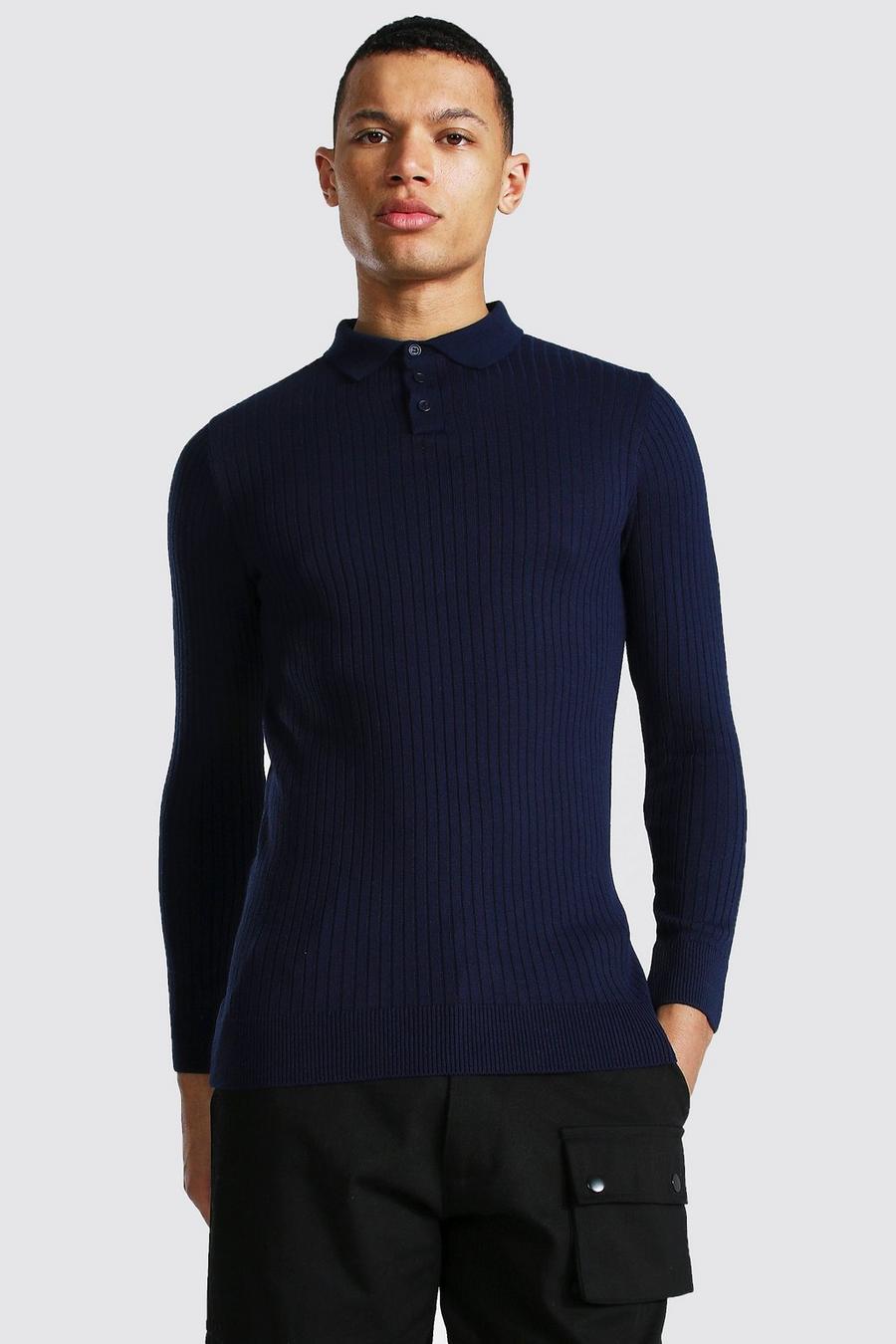 Navy Tall Long Sleeve Muscle Fit Ribbed Polo image number 1