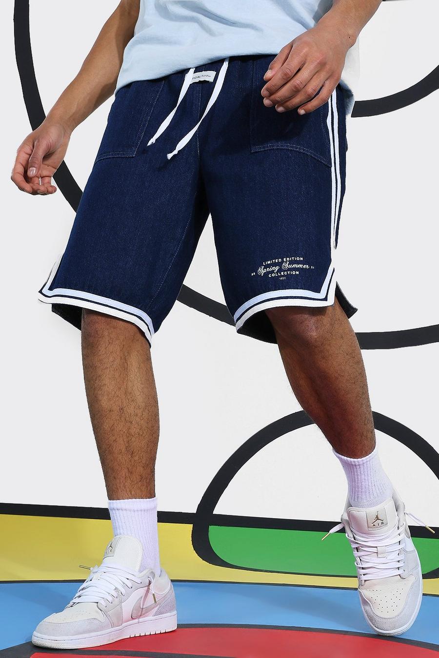 Pantaloncini da basket in denim con fascia laterale, Indaco image number 1