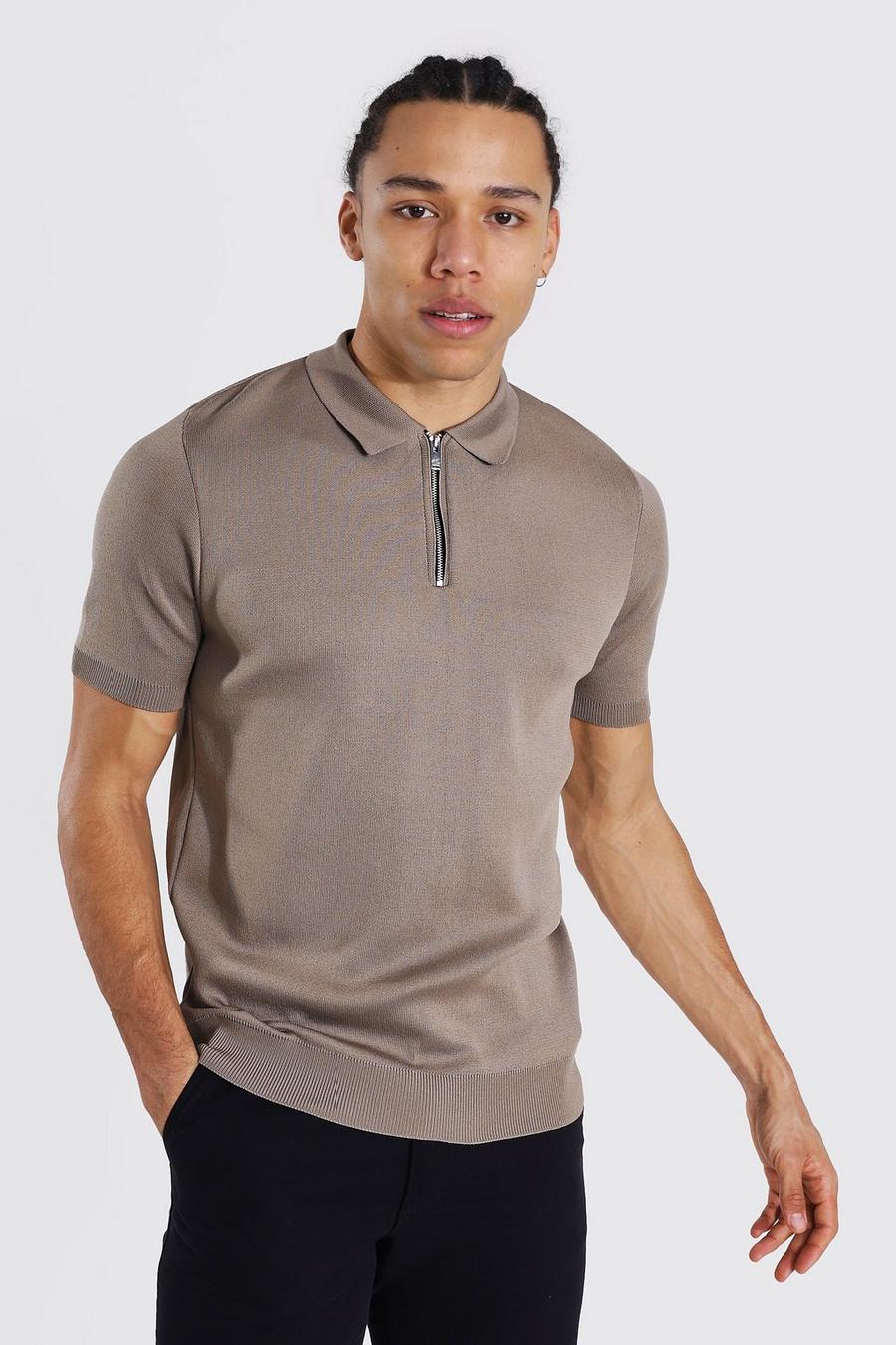 Camel Tall Short Sleeve Half Zip Knitted Polo image number 1