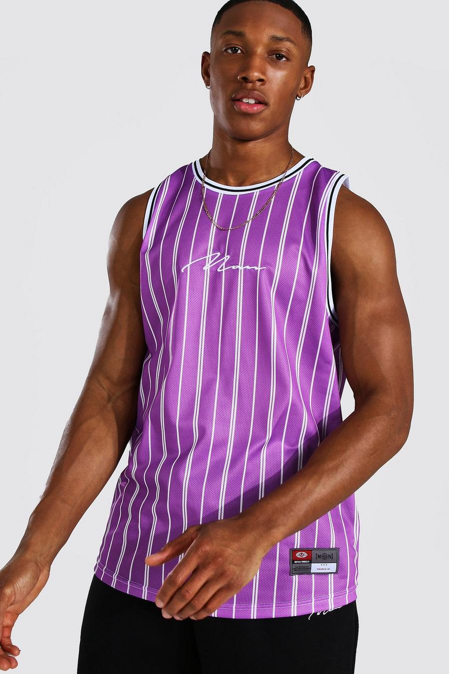 Purple Man Signature Randigt basketlinne i airtex image number 1