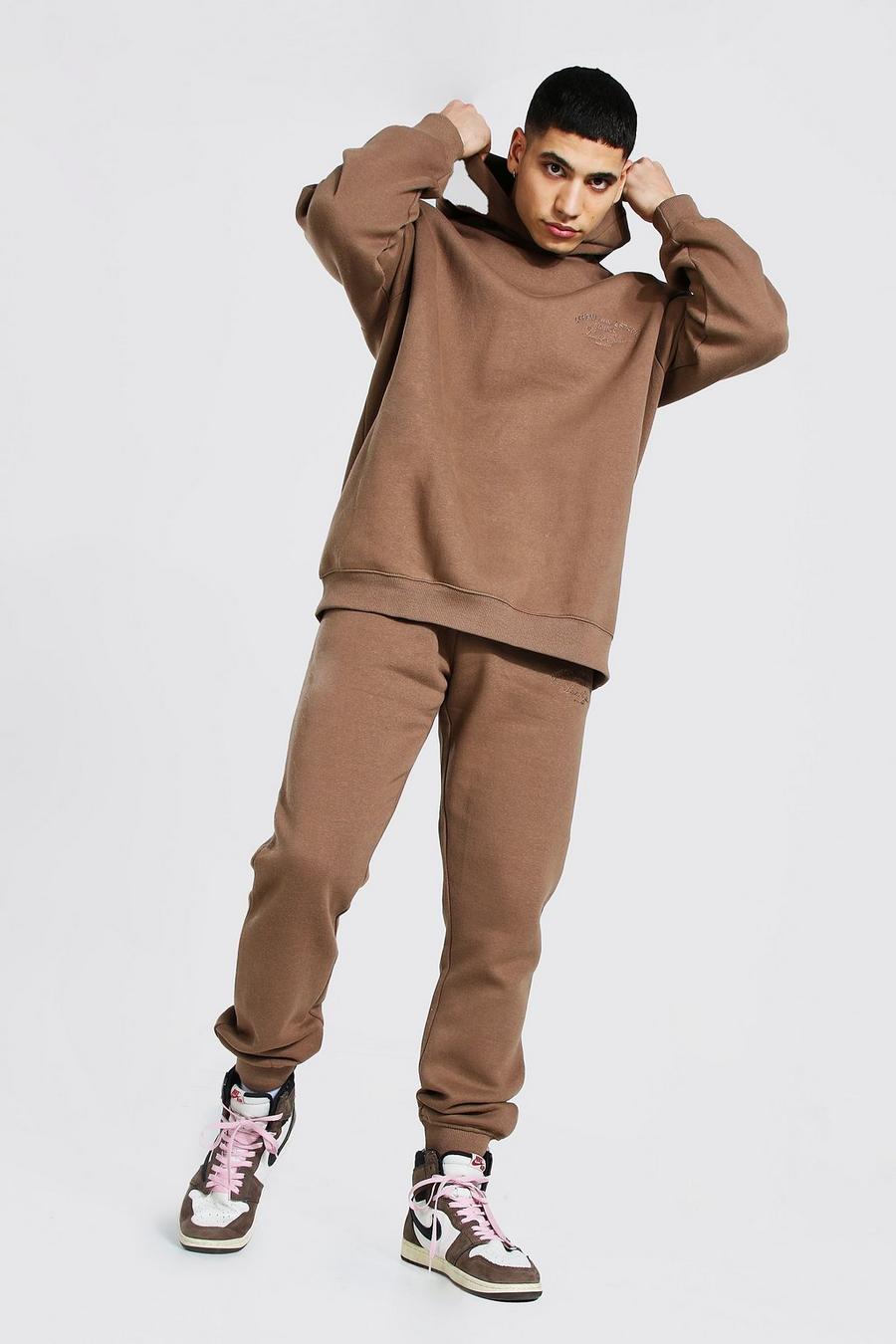 Brown Oversized Man Embroidered Overdyed Tracksuit image number 1