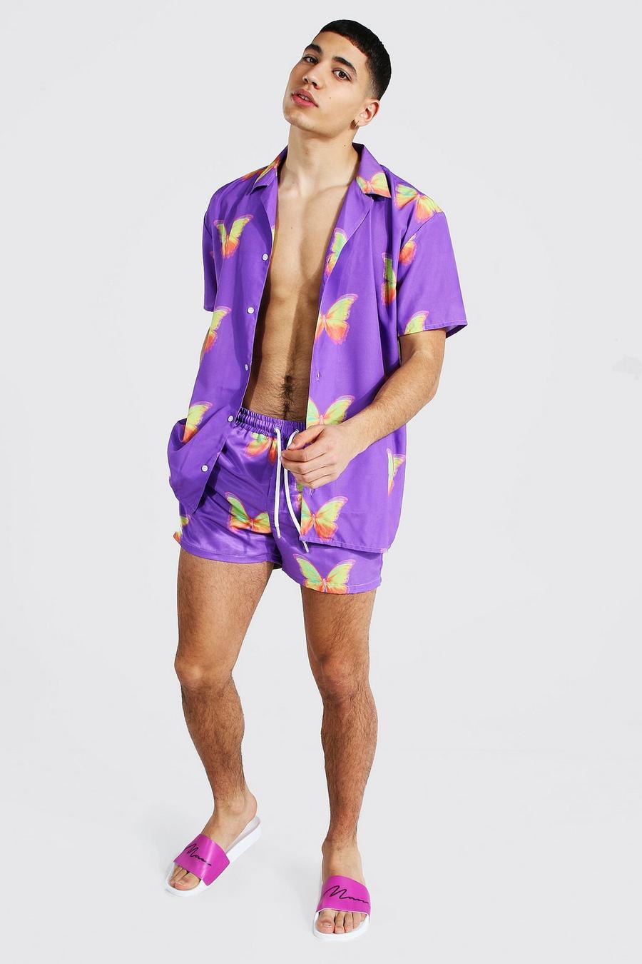 Purple Oversize skjorta och shorts med fjärilar image number 1