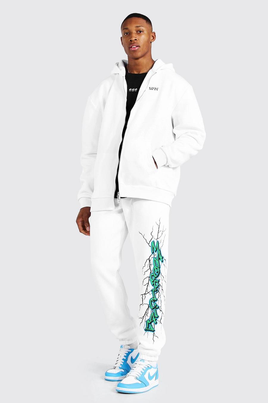 לבן חליפת טרנינג אוברסייז עם רוכסן כפול, הדפס ברקים וכיתוב Man image number 1