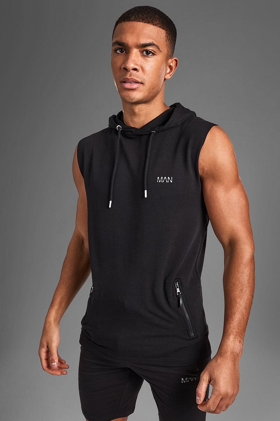 Men's Hashtag Fit Gym Workout Motivation Black Sleeveless Zipper Hoodie  Fitness