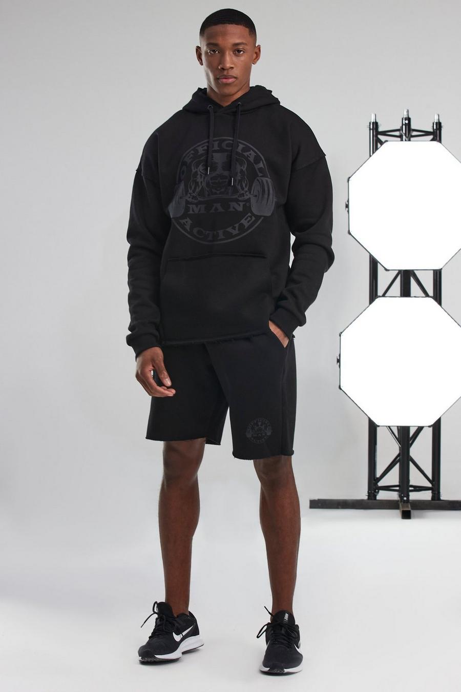 Black Man Active Hooded Raw Edge Short Tracksuit image number 1