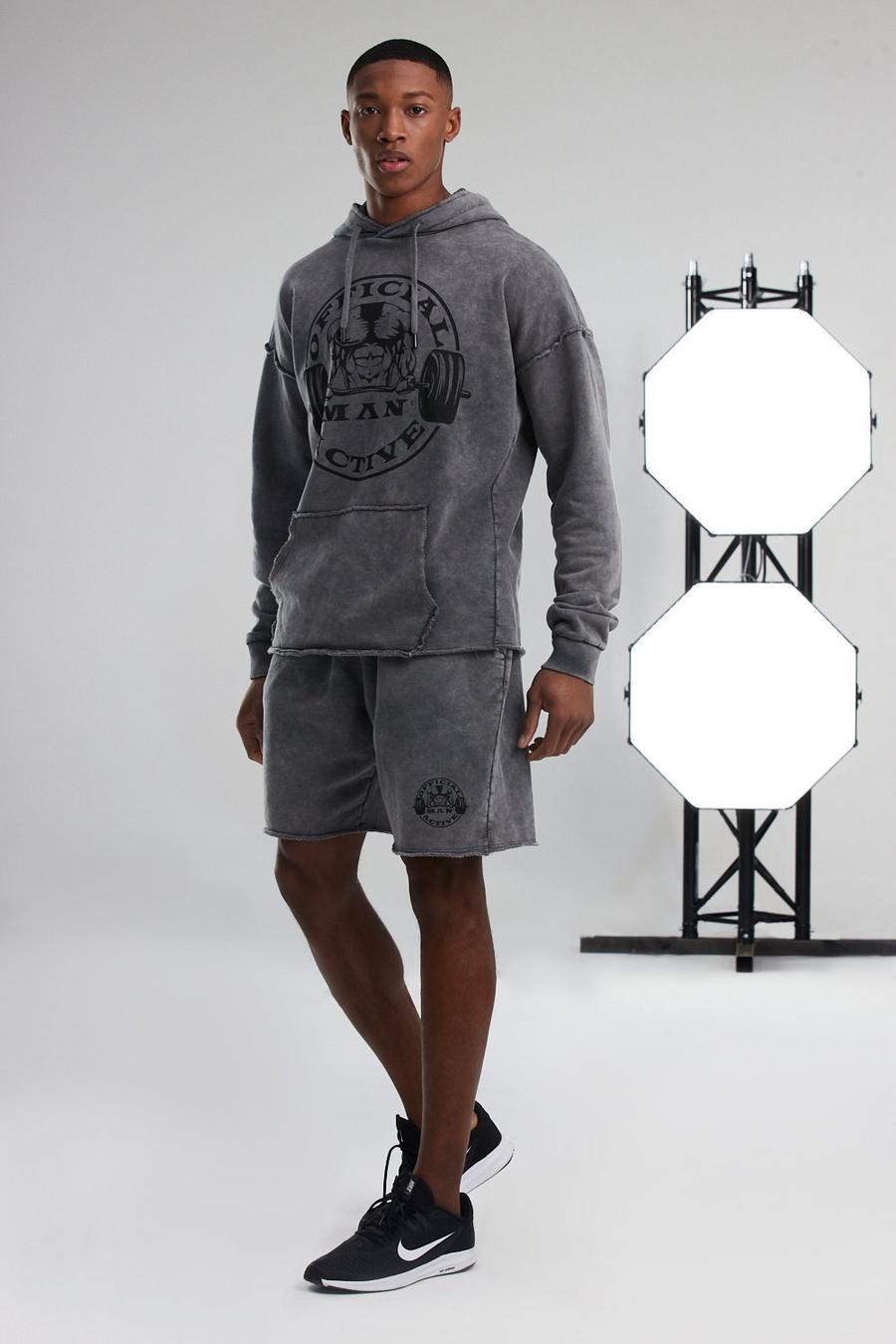 Charcoal MAN Active Stentvättad hoodie och shorts image number 1