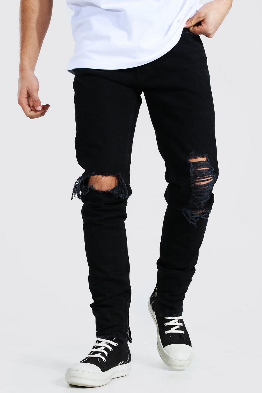 שחור אמיתי סקיני ג'ינס מבד קשיח עם קרעים גדולים בברכיים image number 1