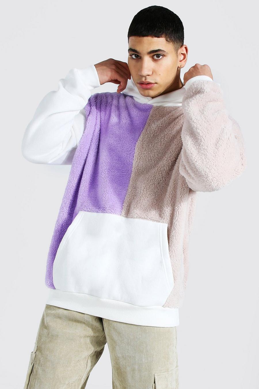 Lilac Oversize hoodie i teddy med blockfärger image number 1
