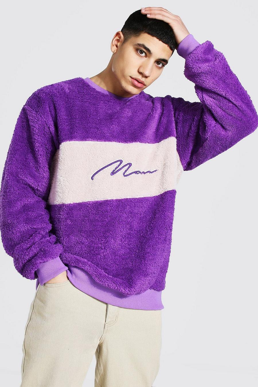 Purple MAN Oversize sweatshirt i teddy med blockfärger image number 1