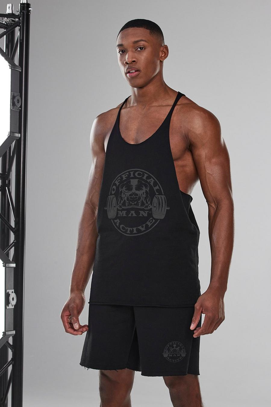 Black Man Active Raw Racer Tank Top With Large Logo image number 1