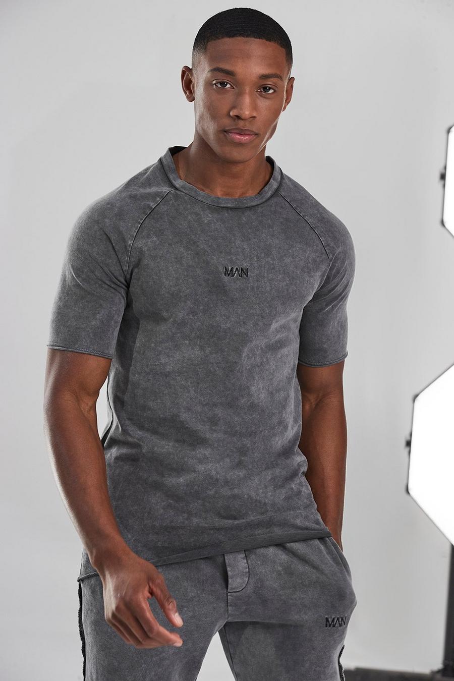 Charcoal Man Active Acid Wash Gebleekte Fitness T-Shirt Met Onbewerkte Zoom image number 1