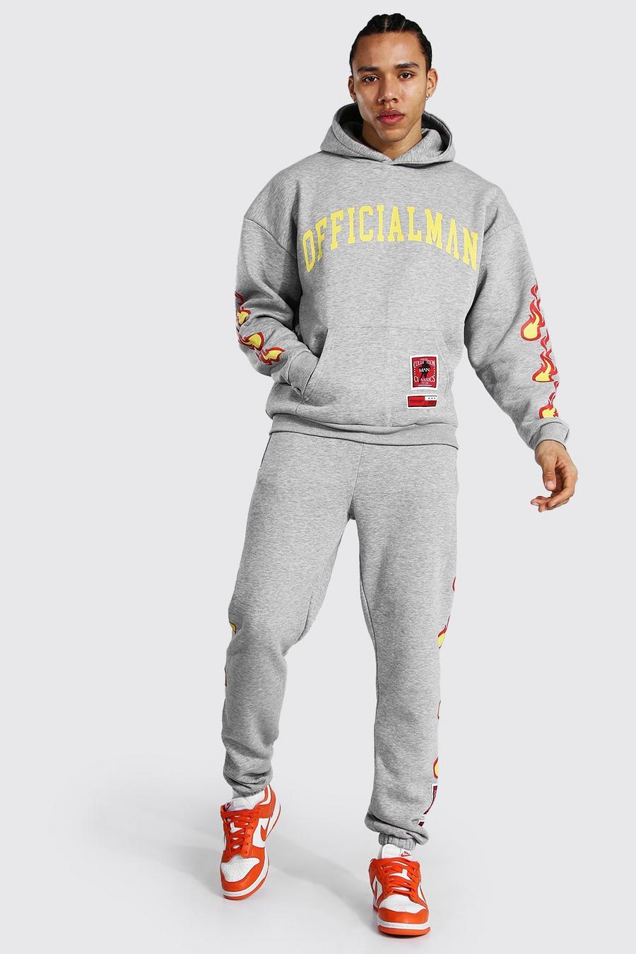 Grey marl Tall Man Hooded Tracksuit With Fire Print image number 1