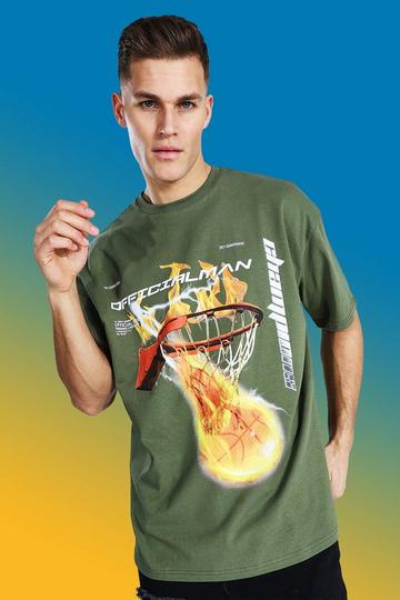 Khaki Tall Oversized Flame Basketball Graphic T-Shirt