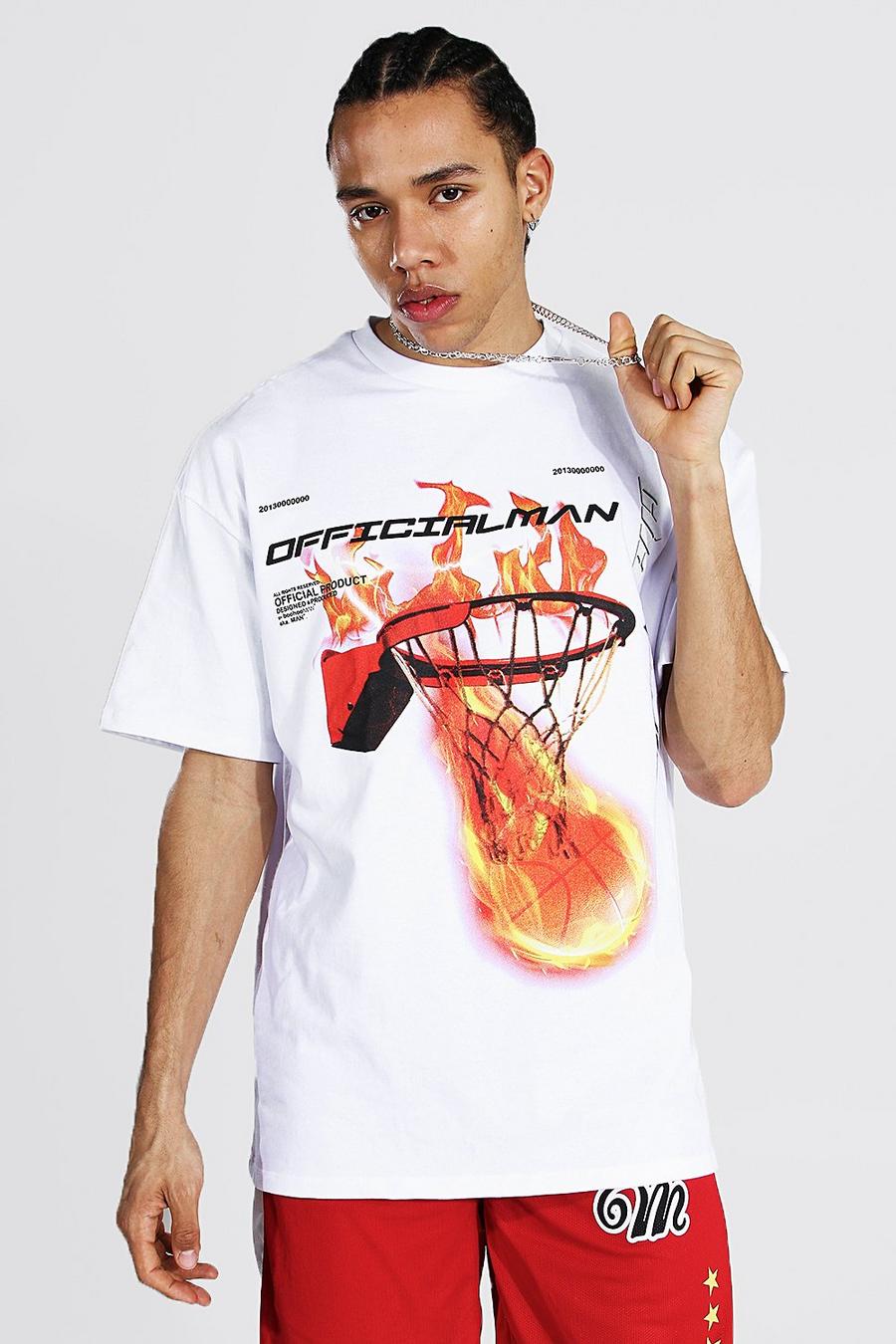 White Tall Oversized Flame Basketball Graphic T-Shirt image number 1