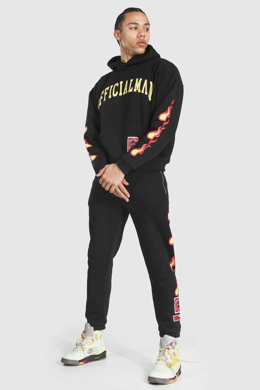 Black Tall Man Hooded Tracksuit With Fire Print image number 1