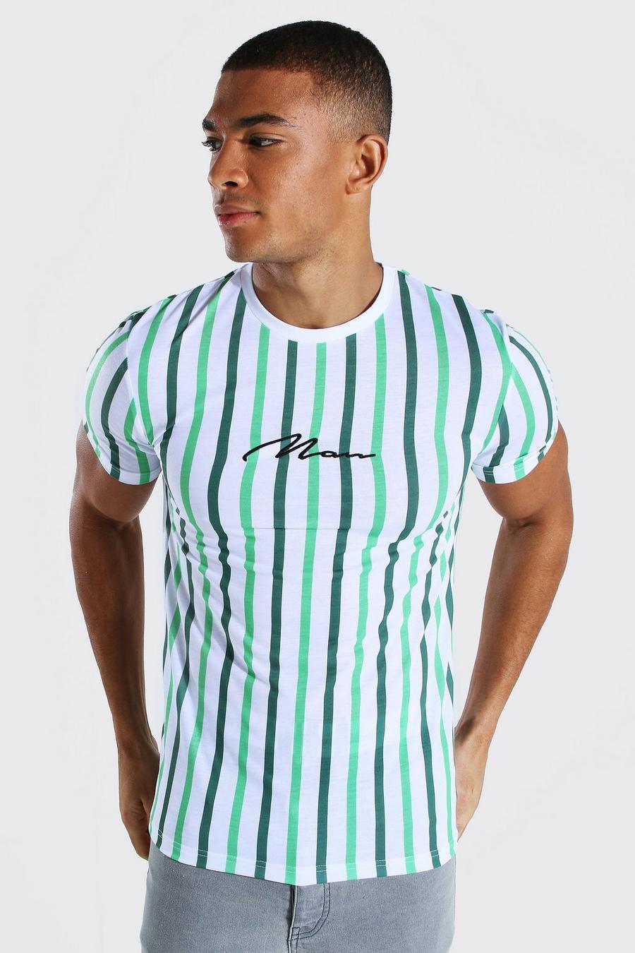 Gestreiftes Muscle Fit T-Shirt mit Man-Schriftzug, Grün image number 1