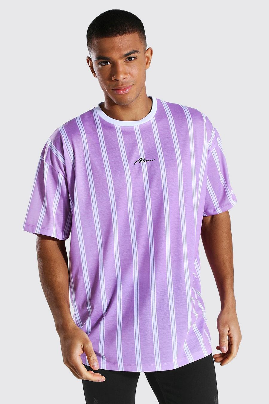 Lilac Oversized Gestreept Man Signature T-Shirt image number 1