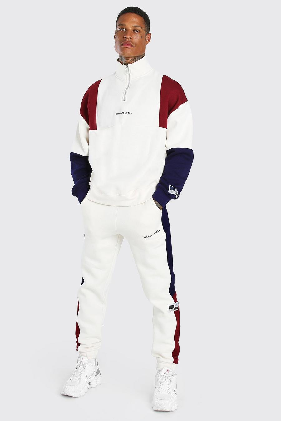 Lockerer Colorblock Trainingsanzug mit Reißverschluss, Naturfarben blanc